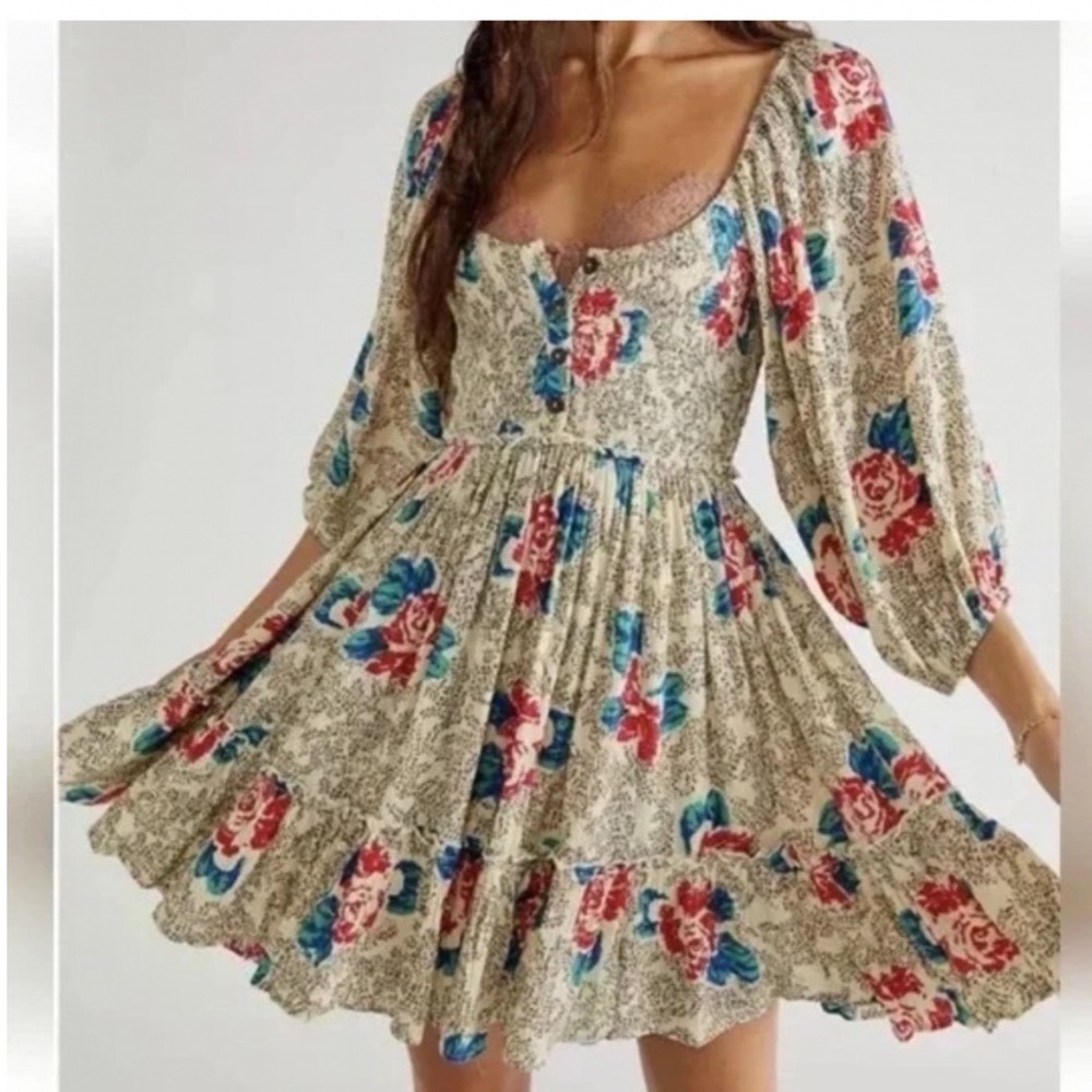 Free People Floral Smocked Cottagecore Balloon Sleeve Mini Dress Cream Sz L